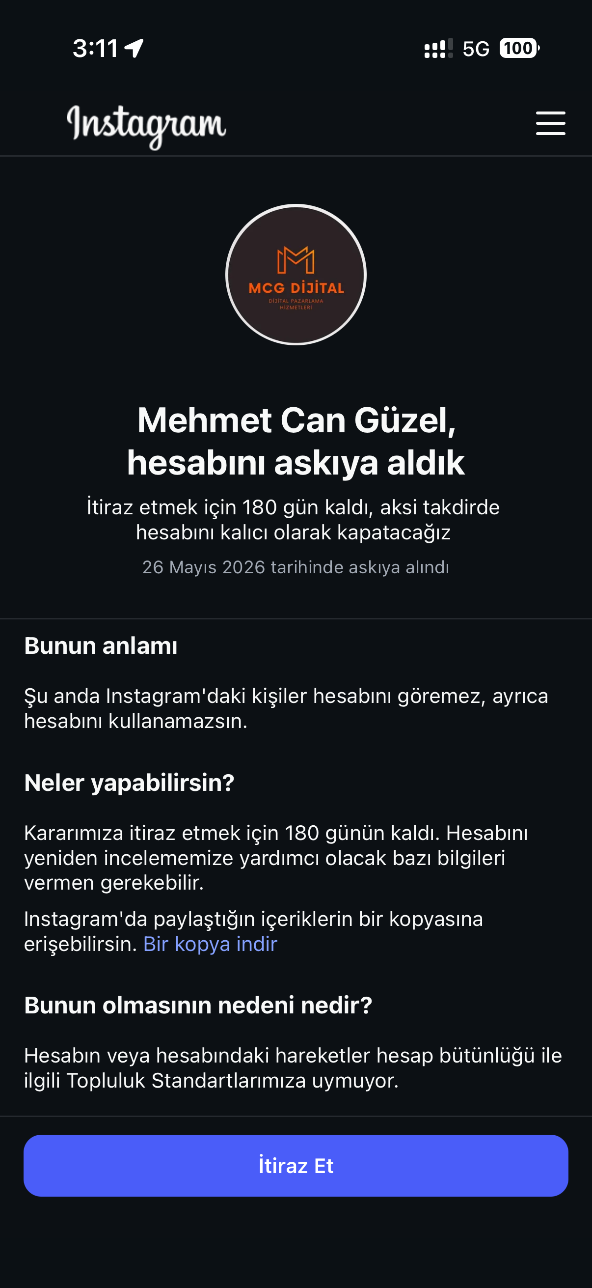 Askıya alınan Instagram hesabı destek ekranı